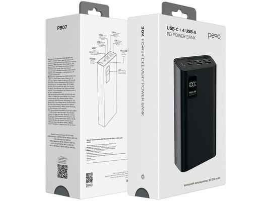 Внешний аккумулятор PERO PB07 30000 mAh, Li-Pol, output USB-C + 4 USB-A, черный